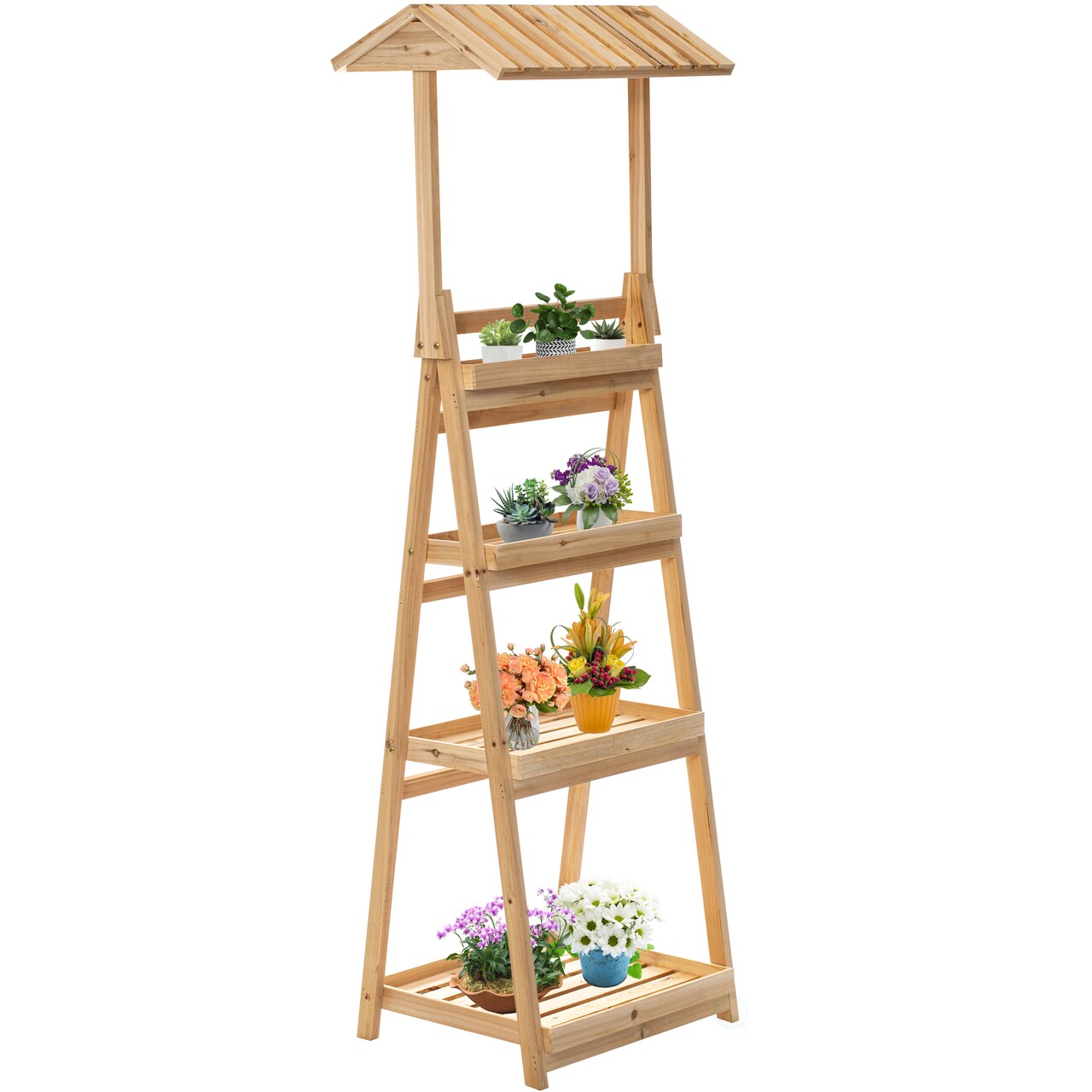 Multi-Functional Wooden Shelf Plant Stand, Storage Rack and Bookcase for Indoor and Covered Outdoor Spaces - Enhances Patios, Porches, Living Rooms, Balconies, Corners, Gardens, and Home Offices